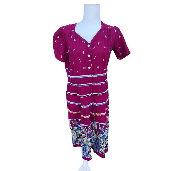 Women's Vintage Dress V-Neck Stripe Floral Print Magenta Purple Size LARGE - Picture 1 of 5